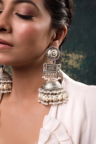 Silver Finish Pearl Jhumka Earrings by ANANA