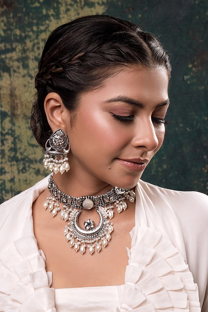 Silver Finish Aqua Stone & Beaded Necklace Set by ANANA