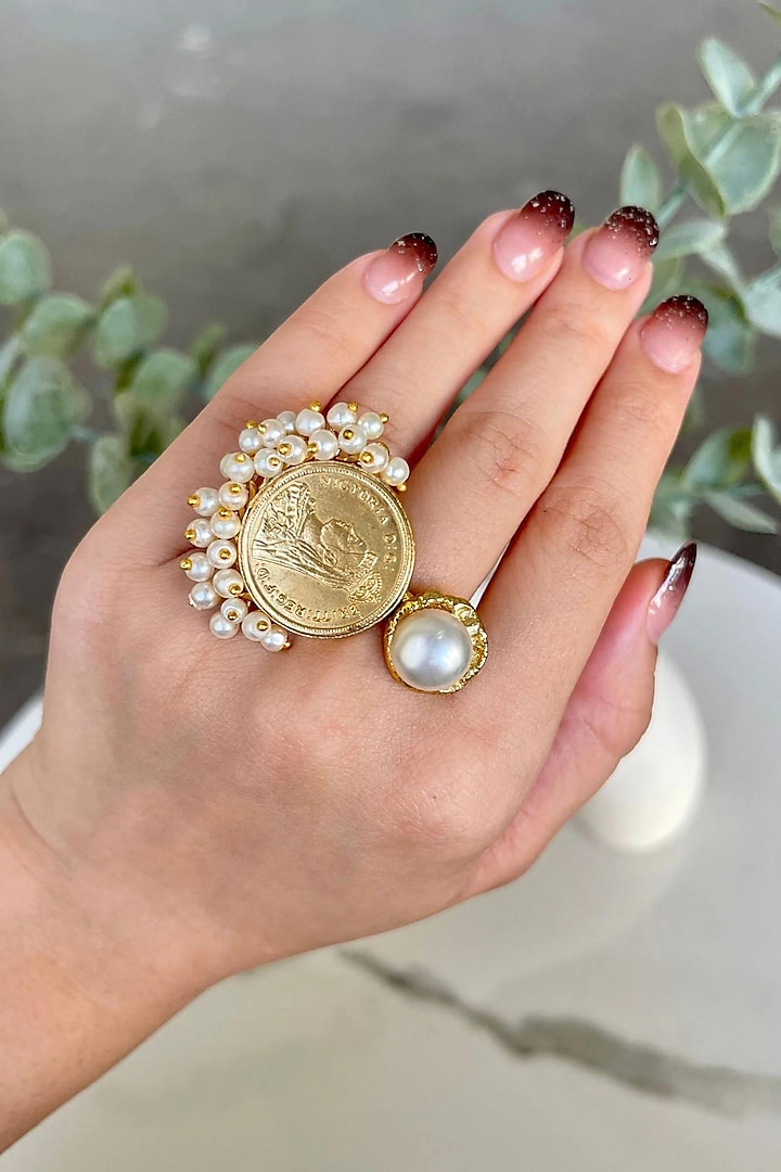 Gold Finish Beaded & Pearl Adjustable Ring by ANANA