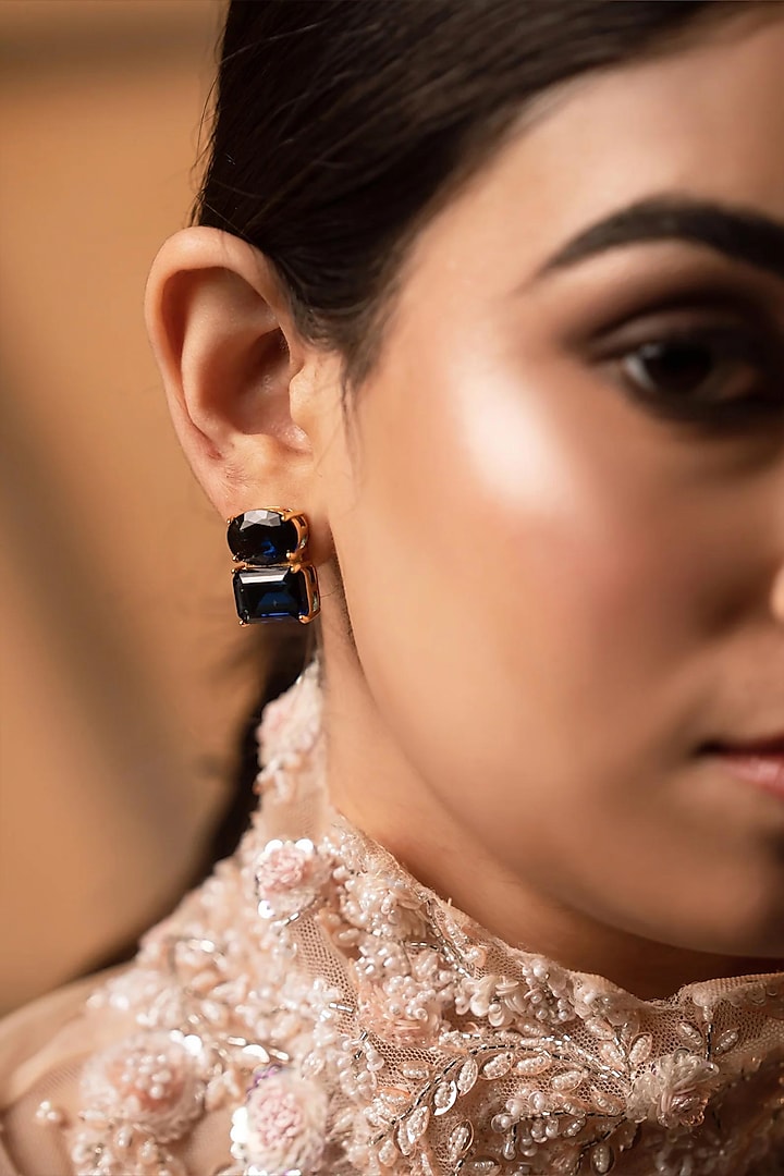 Gold Finish Sapphire Semi-Precious Stone Stud Earrings by ANANA