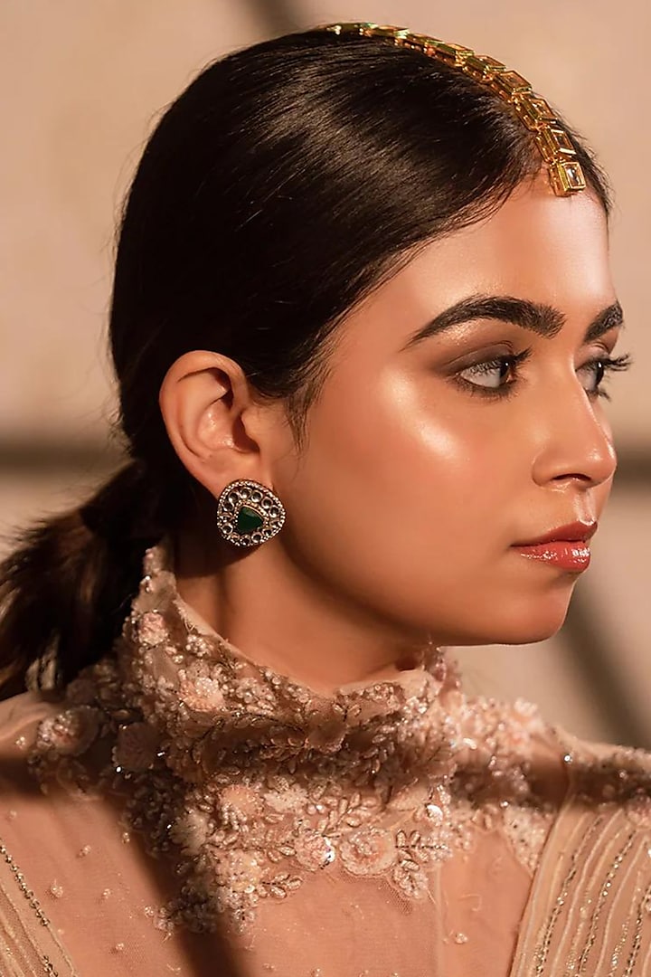 Gold Finish Emerald Semi-Precious Stone Stud Earrings by ANANA