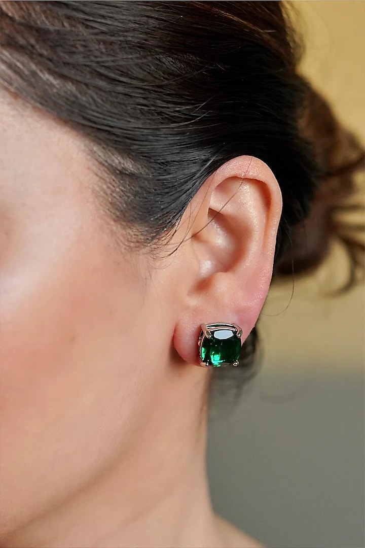 White Finish Emerald Semi-Precious Stone Stud Earrings by ANANA