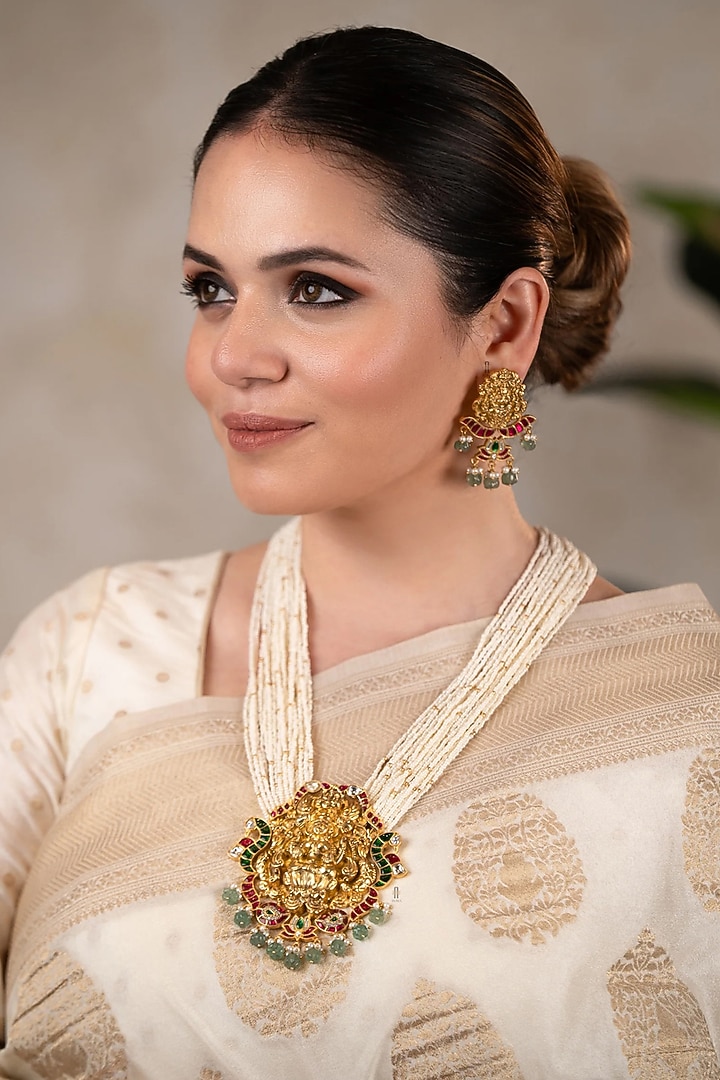 Gold Finish Pearl Long Temple Necklace Set by ANANA at Pernia's Pop Up Shop