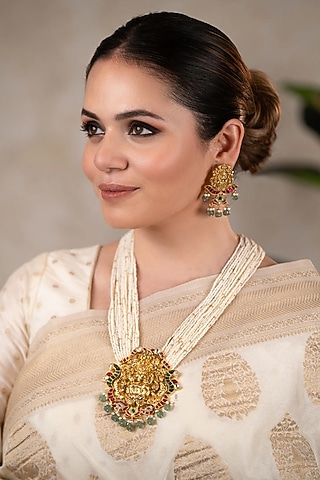 Gold Finish Pearl Long Temple Necklace Set by ANANA