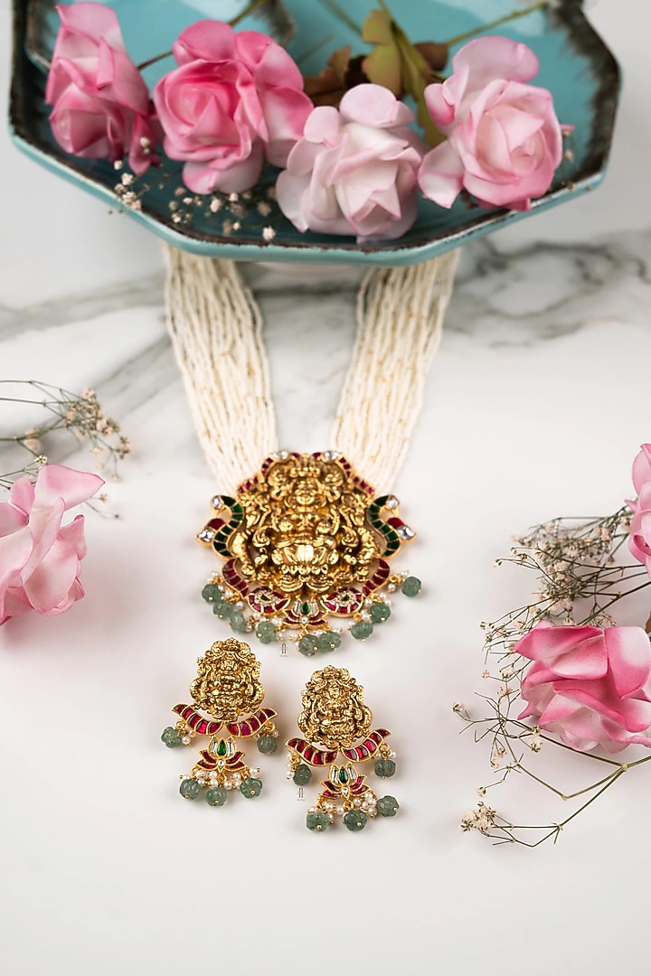 Gold Finish Pearl Long Temple Necklace Set by ANANA at Pernia's Pop Up Shop