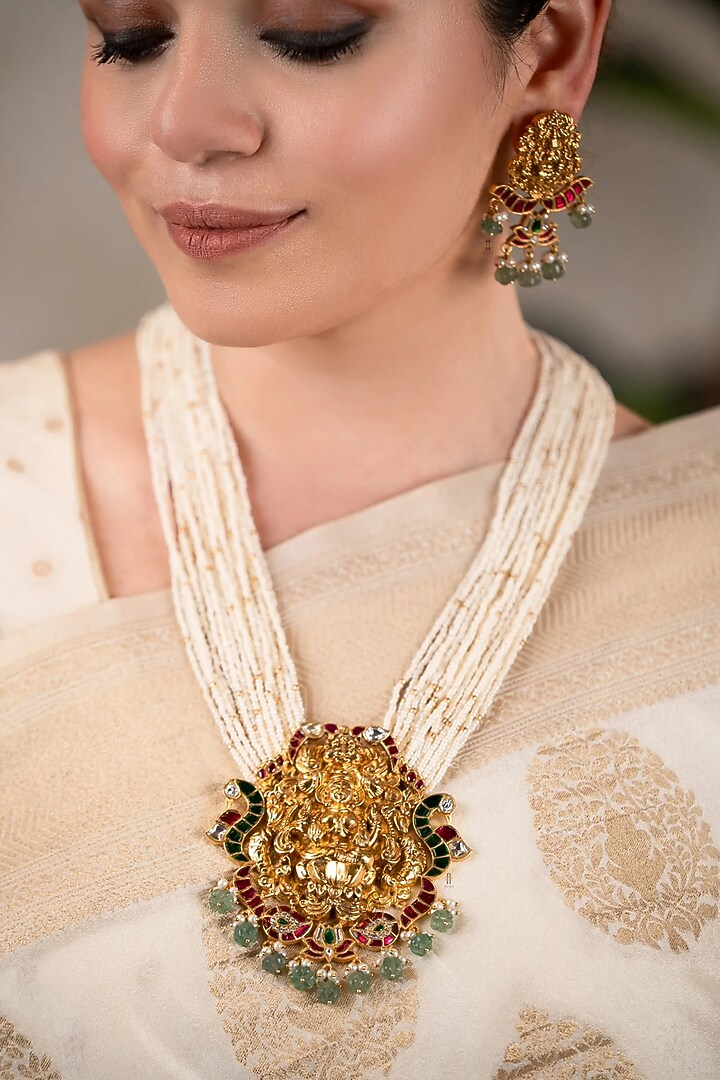 Gold Finish Pearl Long Temple Necklace Set by ANANA at Pernia's Pop Up Shop