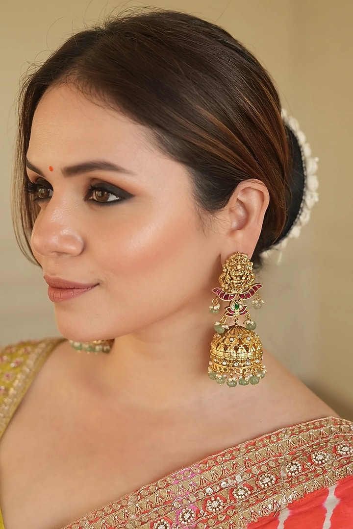 Gold Finish Kundan Polki & Turquoise Stone Temple Dangler Earrings by ANANA at Pernia's Pop Up Shop