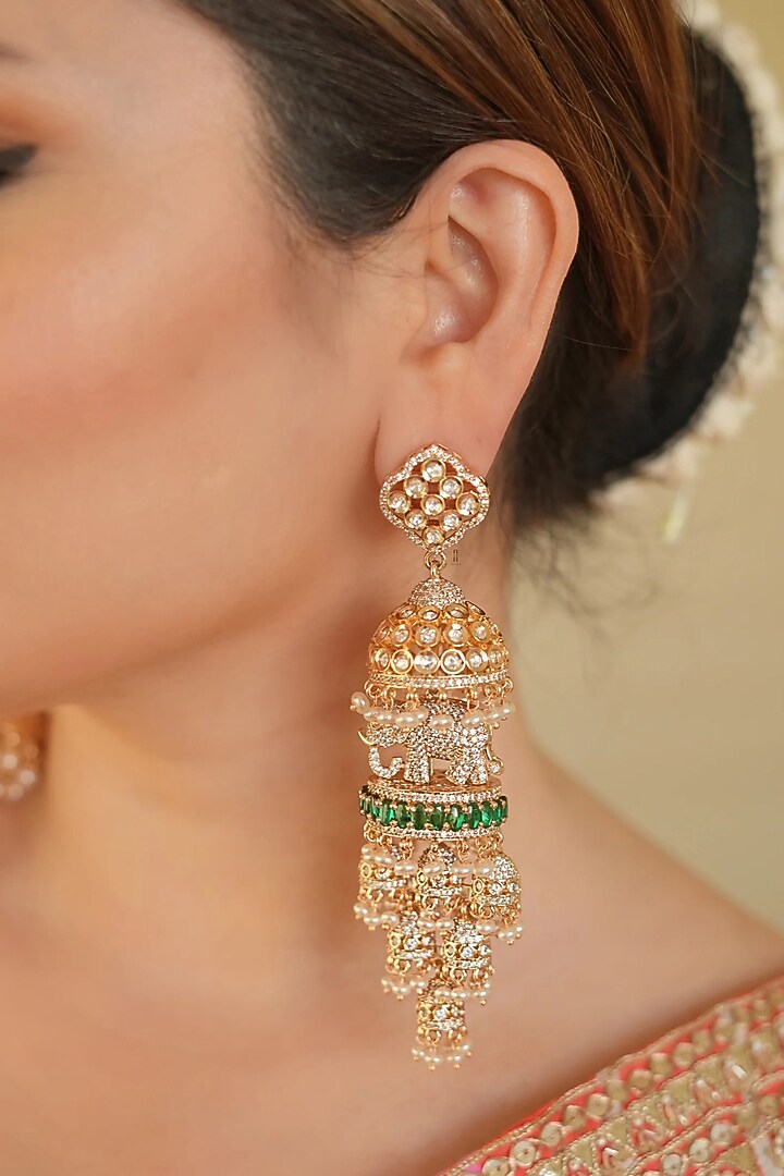 Gold Finish Zircon & Green Stone Jhumka Earrings by ANANA at Pernia's Pop Up Shop