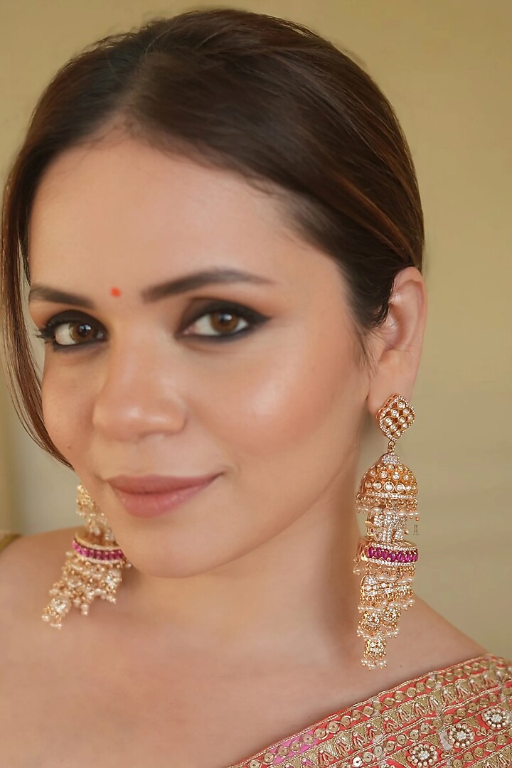 Gold Finish Zircon & Red Stone Jhumka Earrings by ANANA at Pernia's Pop Up Shop