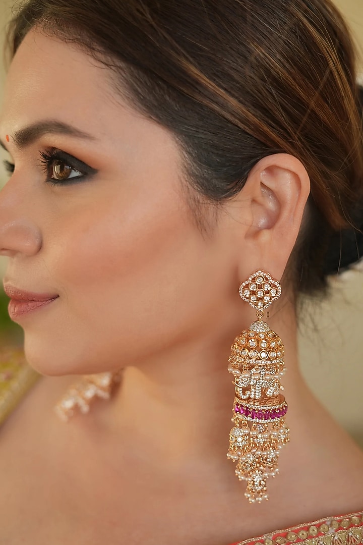 Gold Finish Zircon & Red Stone Jhumka Earrings by ANANA at Pernia's Pop Up Shop