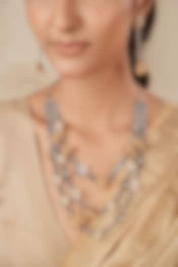 Two-Tone Finish Pearl & Peach Stone Long Temple Necklace Set by ANANA at Pernia's Pop Up Shop