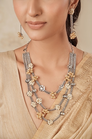 Two-Tone Finish Pearl & Peach Stone Long Temple Necklace Set by ANANA