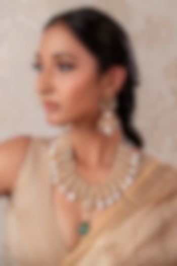 Gold Finish Kundan Polki & Emerald Stone Long Temple Necklace Set by ANANA at Pernia's Pop Up Shop