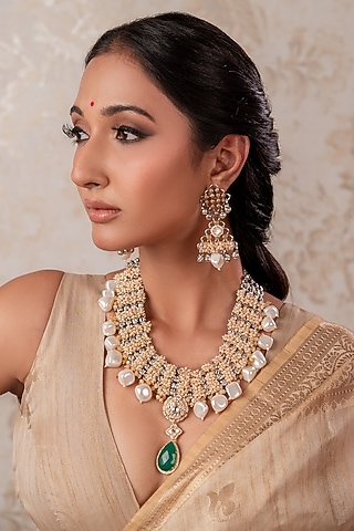 Gold Finish Kundan Polki & Emerald Stone Long Temple Necklace Set by ANANA