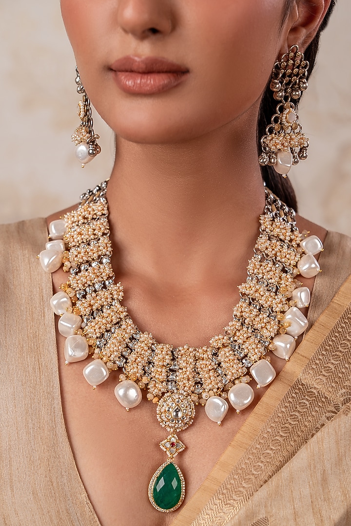 Gold Finish Kundan Polki & Emerald Stone Long Temple Necklace Set by ANANA at Pernia's Pop Up Shop