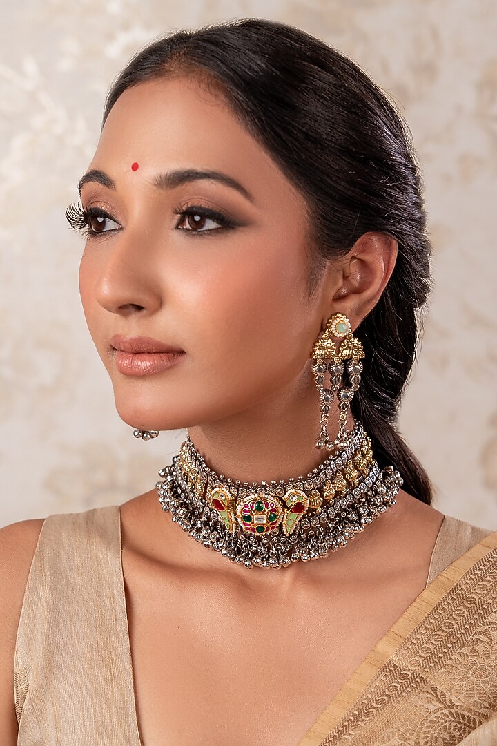 Two-Tone Finish Beaded & Ruby Stone Choker Necklace Set by ANANA at Pernia's Pop Up Shop