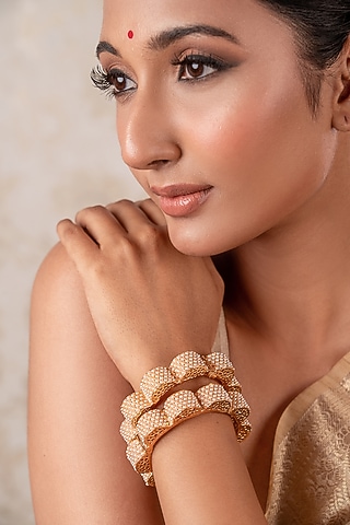 Gold Finish Pearl Bangles (Set Of 2) by ANANA
