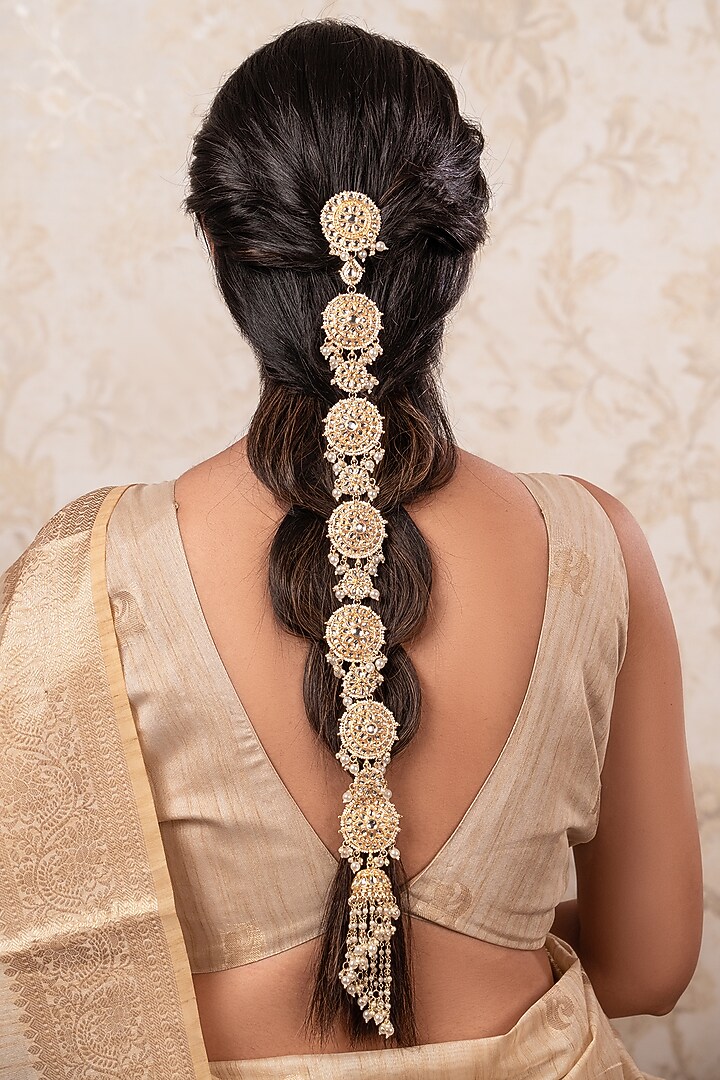 Gold Finish Kundan & Pearl Handcrafted Hair Braided Choti by ANANA at Pernia's Pop Up Shop