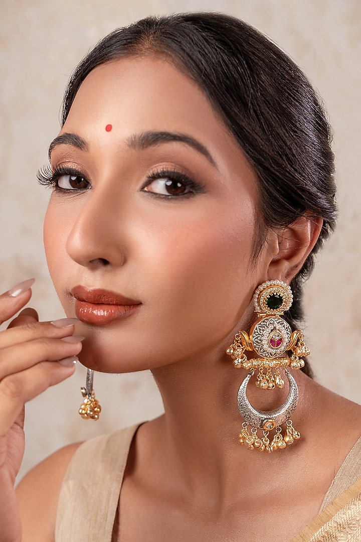 Two-Tone Finish Emerald & Red Stone Temple Chandbali Earrings by ANANA at Pernia's Pop Up Shop
