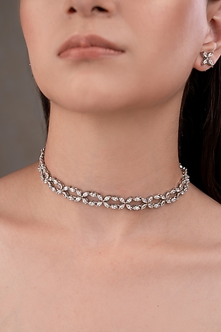 White Finish Zircon Choker Necklace Set by ANANA