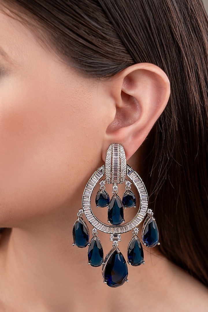 White Finish Zircon & Blue Stone Dangler Earrings by ANANA at Pernia's Pop Up Shop