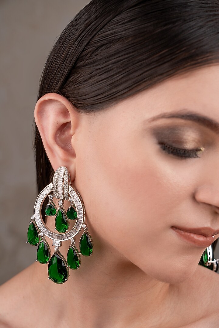 White Finish Zircon & Green Stone Dangler Earrings by ANANA at Pernia's Pop Up Shop