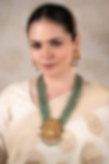 Gold Finish Green Stone Long Temple Necklace Set by ANANA at Pernia's Pop Up Shop