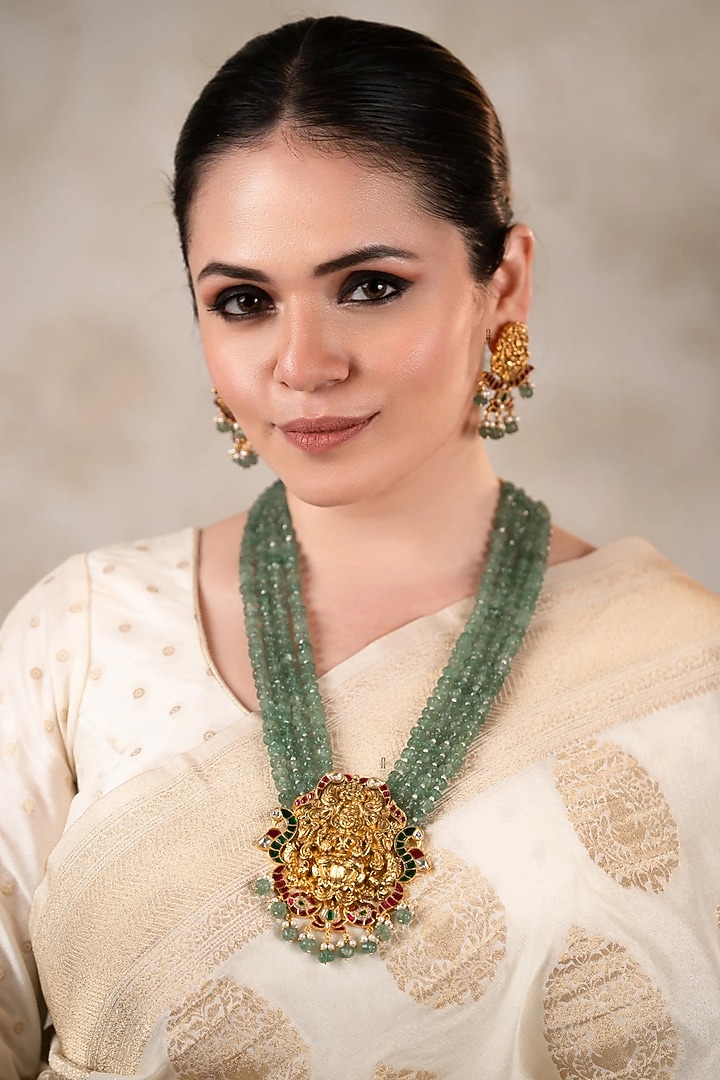 Gold Finish Green Stone Long Temple Necklace Set by ANANA at Pernia's Pop Up Shop
