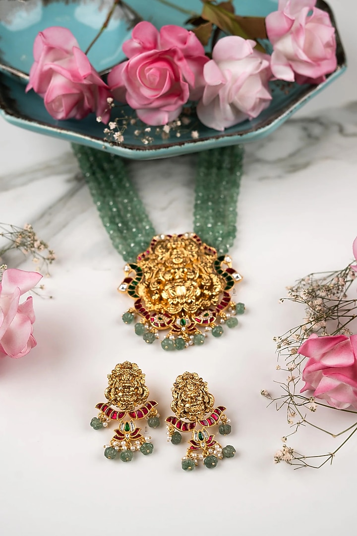 Gold Finish Green Stone Long Temple Necklace Set by ANANA at Pernia's Pop Up Shop