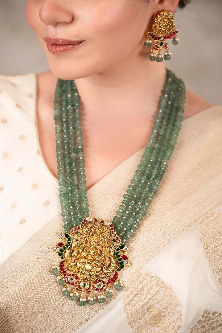 Gold Finish Green Stone Long Temple Necklace Set by ANANA at Pernia's Pop Up Shop