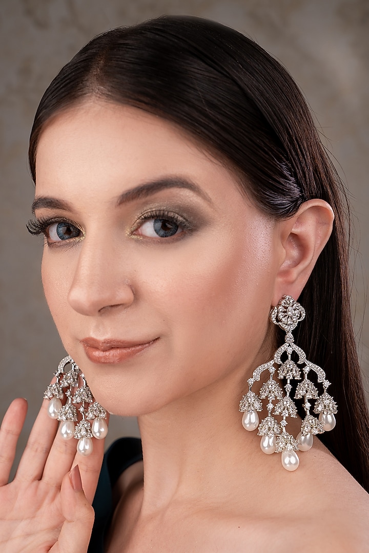 White Finish Zircon Dangler Earrings by ANANA at Pernia's Pop Up Shop