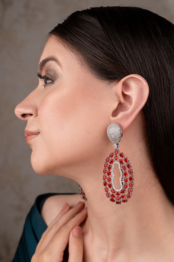 White Finish Zircon & Red Stone Dangler Earrings by ANANA at Pernia's Pop Up Shop