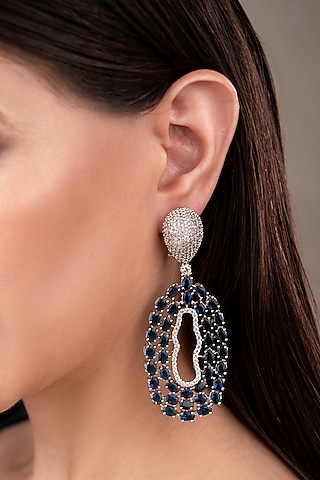 White Finish Zircon & Blue Stone Dangler Earrings by ANANA