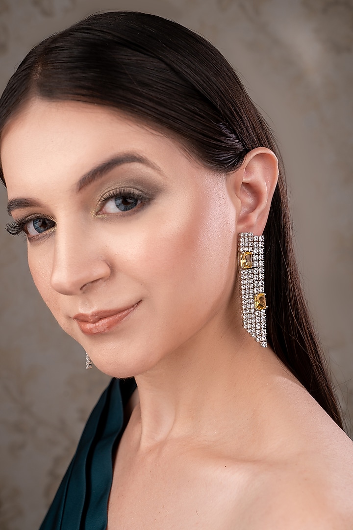 White Finish Zircon & Yellow Stone Dangler Earrings by ANANA at Pernia's Pop Up Shop