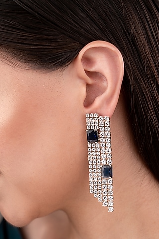 White Finish Zircon & Blue Stone Dangler Earrings by ANANA