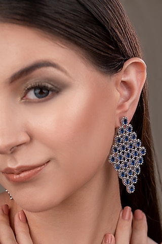 White Finish Zircon & Blue Stone Dangler Earrings by ANANA