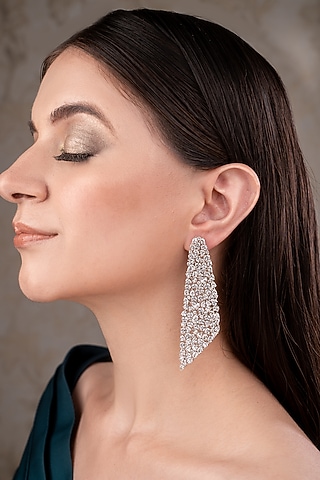 White Finish Zircon Dangler Earrings by ANANA