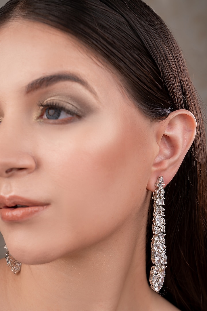 White Finish Zircon Dangler Earrings by ANANA at Pernia's Pop Up Shop