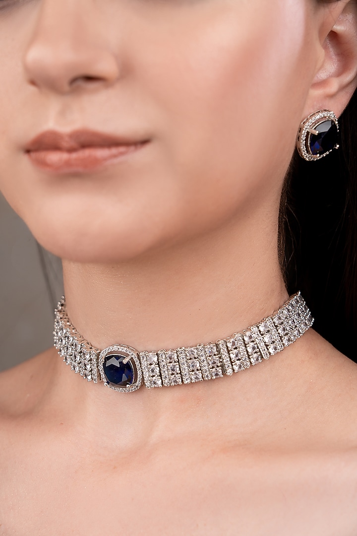 White Finish Zircon & Blue Stone Choker Necklace Set by ANANA at Pernia's Pop Up Shop