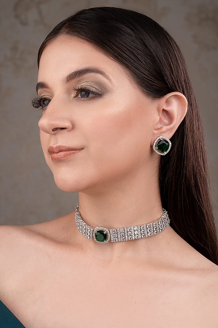 White Finish Zircon & Emerald Stone Choker Necklace Set by ANANA at Pernia's Pop Up Shop