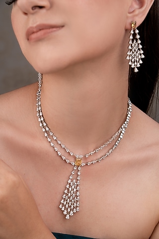 White Finish Zircon & Yellow Stone Necklace Set by ANANA