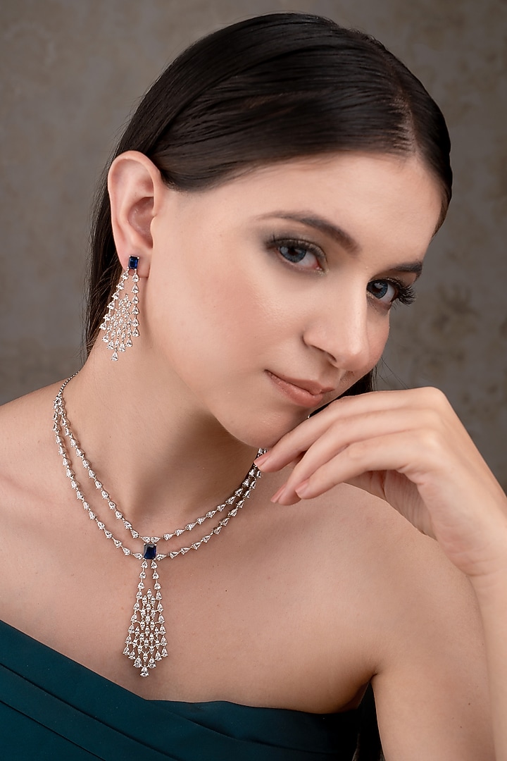 White Finish Zircon & Blue Stone Necklace Set by ANANA at Pernia's Pop Up Shop