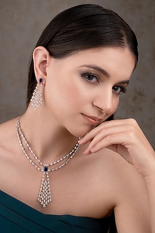 White Finish Zircon & Blue Stone Necklace Set by ANANA