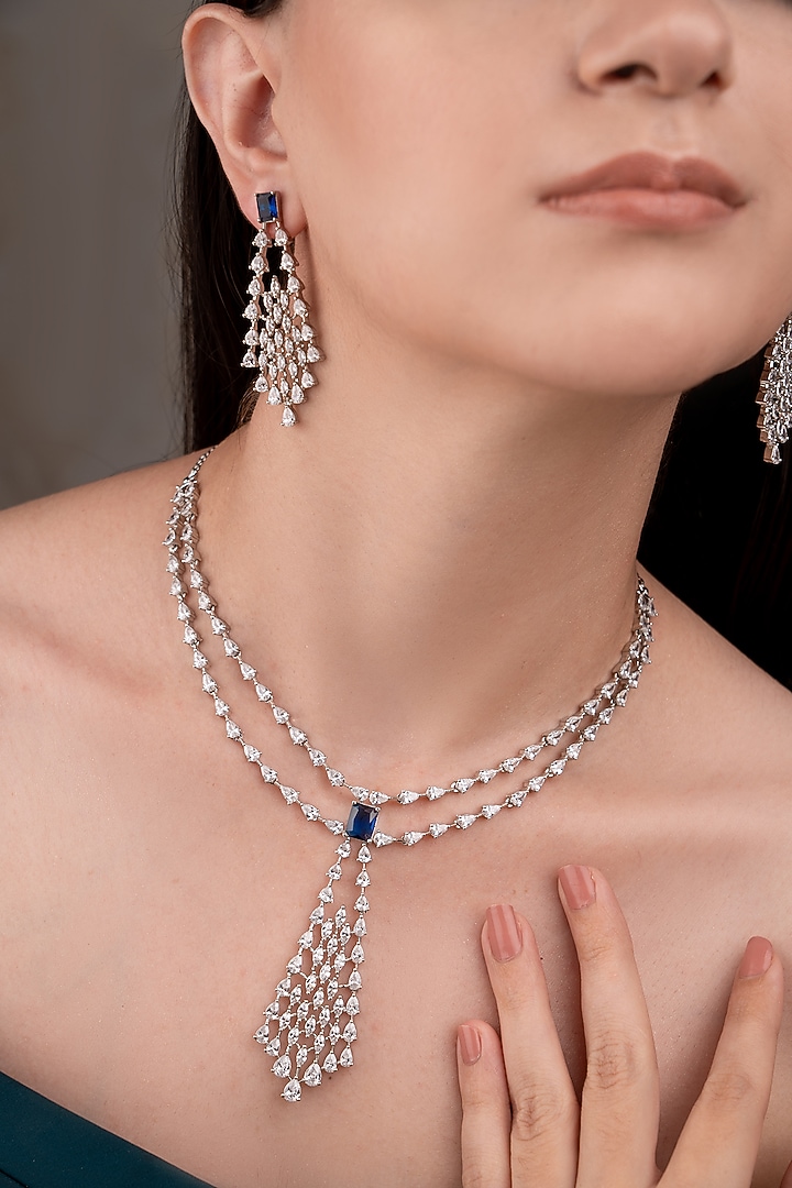 White Finish Zircon & Blue Stone Necklace Set by ANANA at Pernia's Pop Up Shop