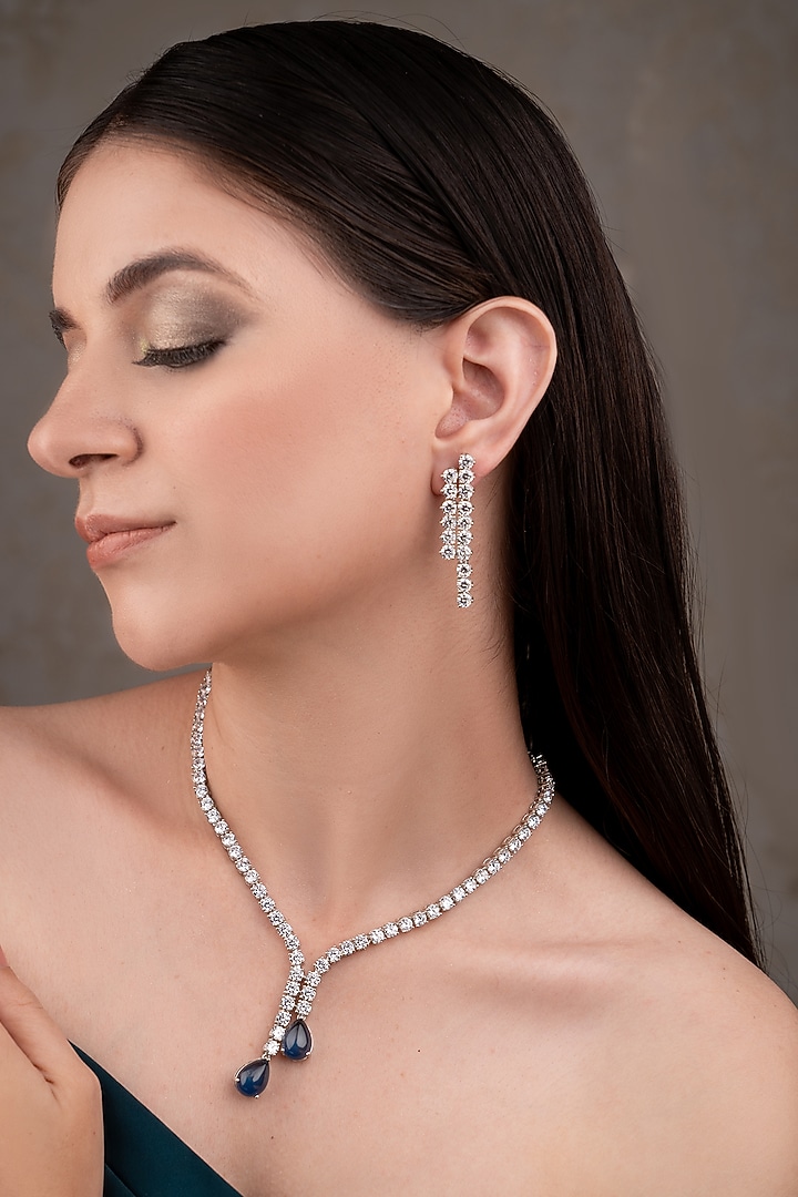 White Finish Zircon & Blue Stone Necklace Set by ANANA at Pernia's Pop Up Shop