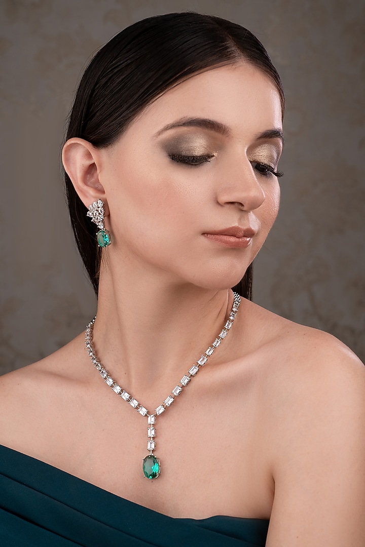 White Finish Zircon & Turquoise Stone Necklace Set by ANANA at Pernia's Pop Up Shop