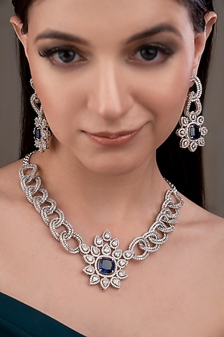 White Finish Zircon & Sapphire Stone Choker Necklace Set by ANANA