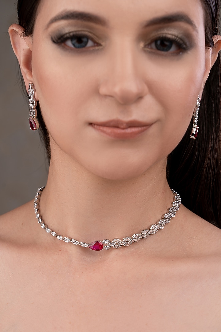 White Finish Zircon & Ruby Choker Necklace Set by ANANA at Pernia's Pop Up Shop