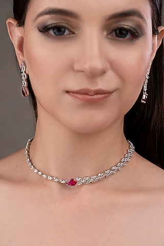 White Finish Zircon & Ruby Choker Necklace Set by ANANA