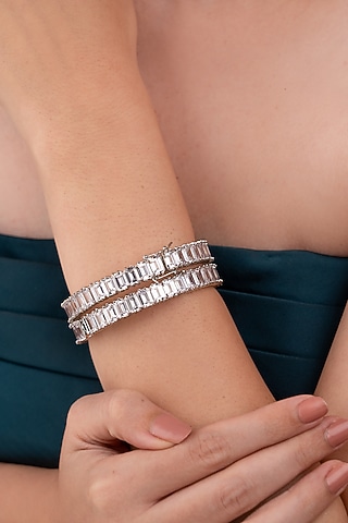 White Finish Zircon Openable Bangles (Set Of 2) by ANANA